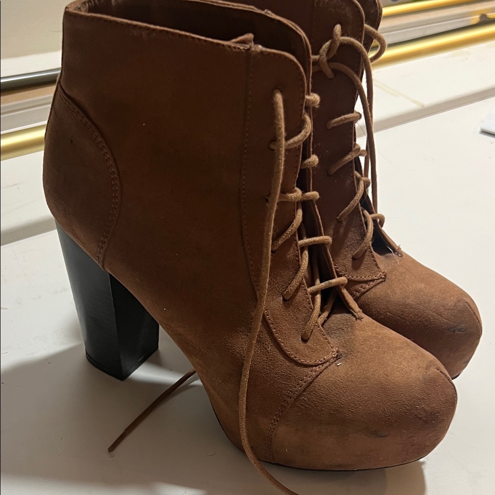 Divided Brown Suede Lace-Up Platform Ankle Boots, heel 4in